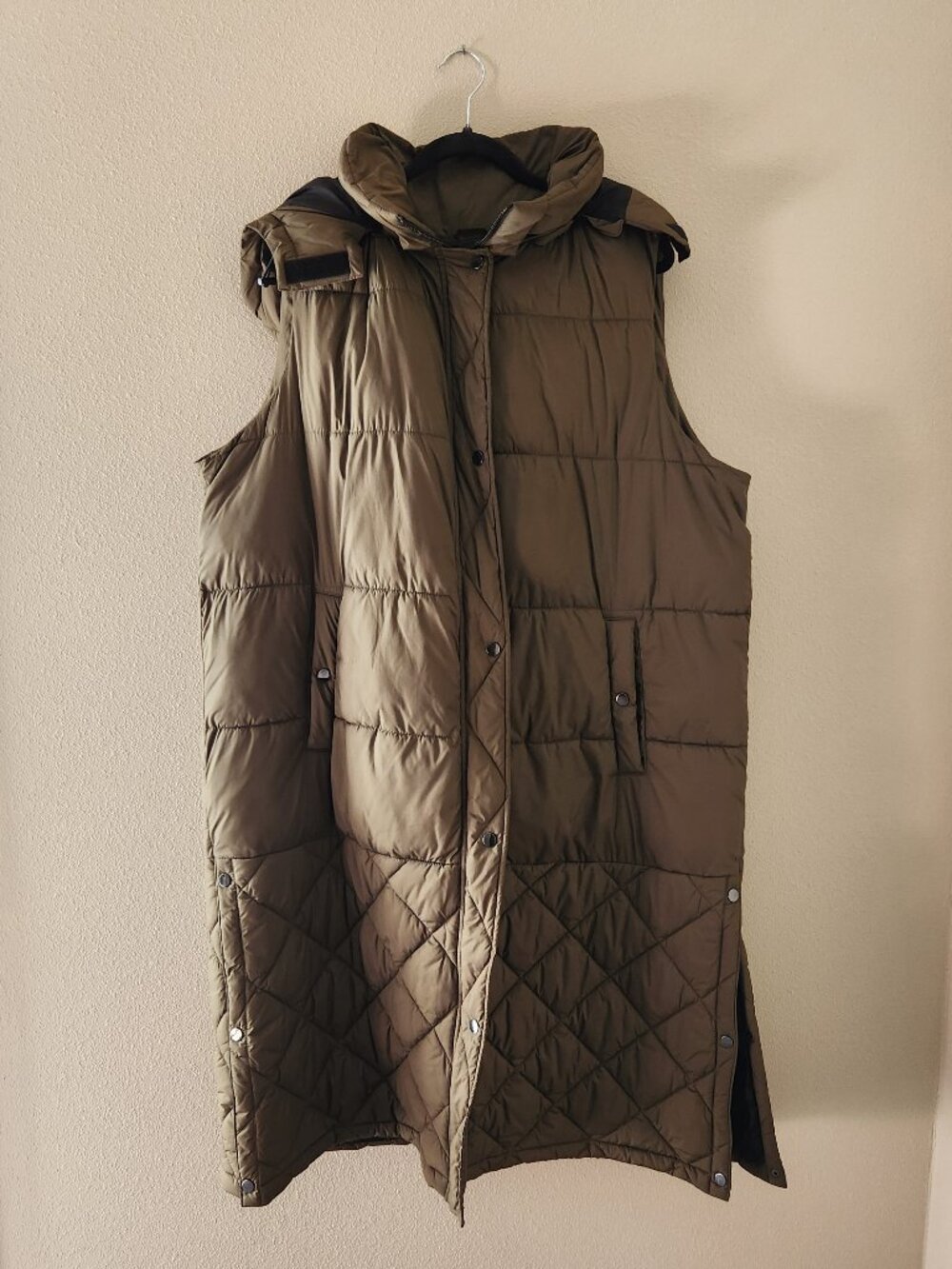 NORDSTROM Olive Green Mix Quilt Puffer Kneelength Hooded Vest Size XXL